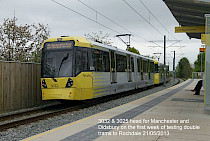 Driver training on Tuesday 21 May 2013 with double trams prior to opening of East Didsbury section on Thursday 23 May 2013.  Photo R Clarke.